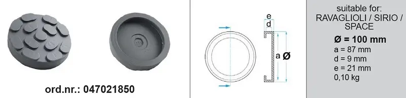 Podkładka gumowa, do ramion podnośnika, ilość: 1 шт., 100mmx87mmx21mm, typ: okrąg, do podnośnika (Producent): RAVAGLIOLI / SIRIO / SPACE