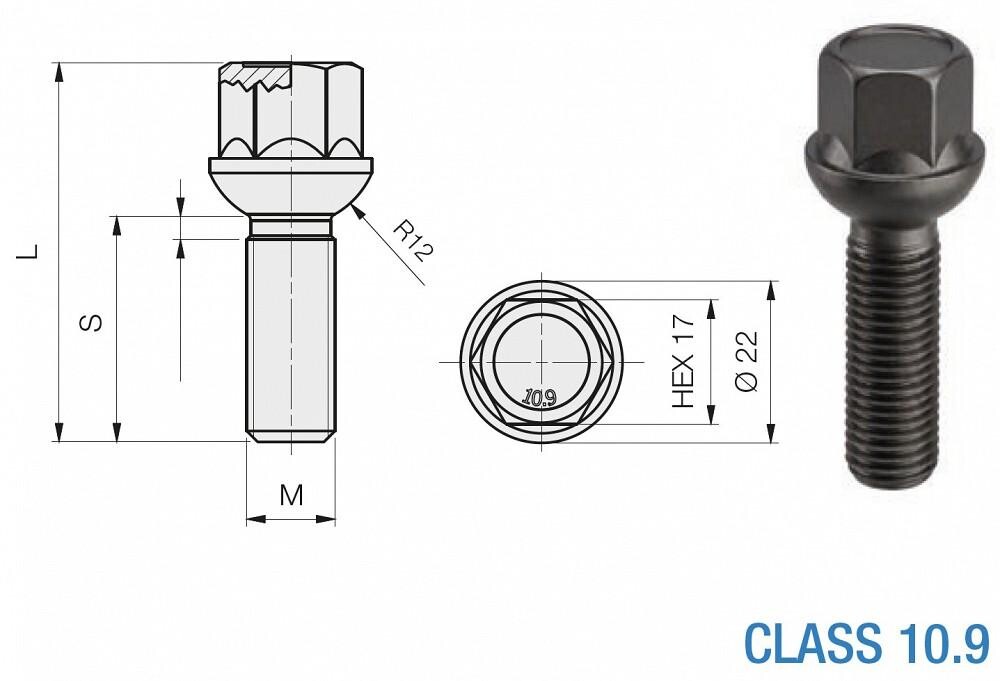 bolt pk12x1.50/40/17 (pk/r12. p61. ch17). iso 10.9. zn-ni. black