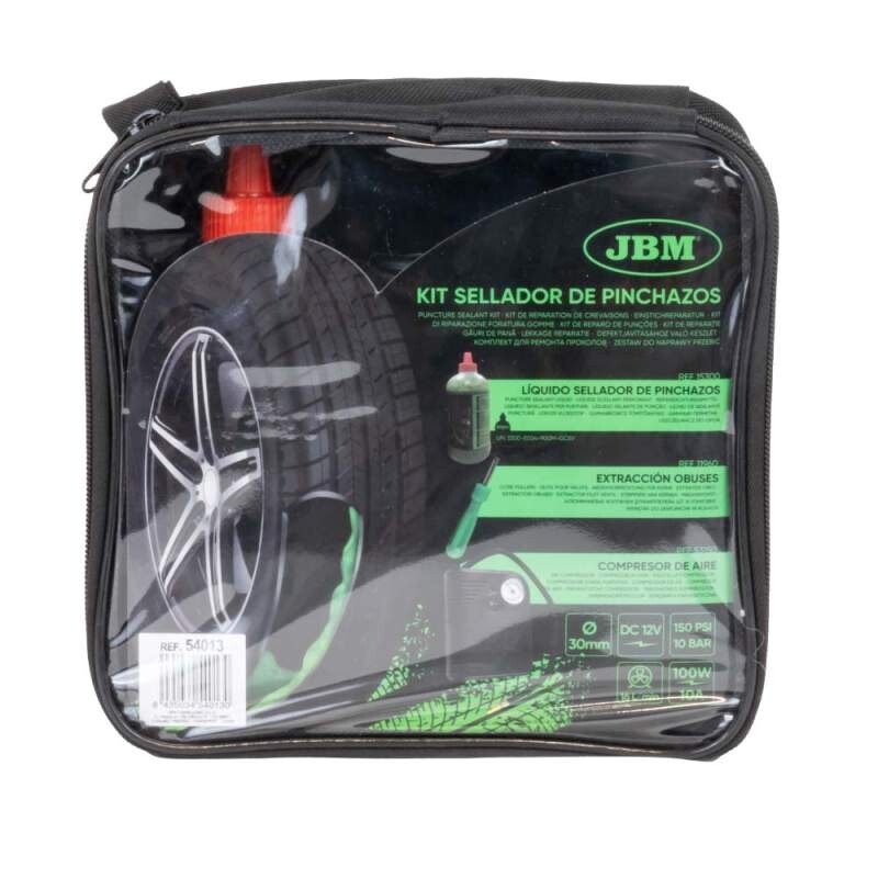 tire repair kit - agent 500ml + compressor 12v + bag with lock, etc