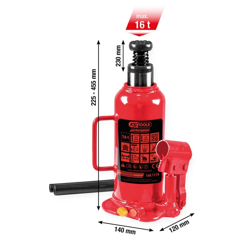 performance hydraulic Bottle Jack, 16000 kg, lifting height: 227-457mm