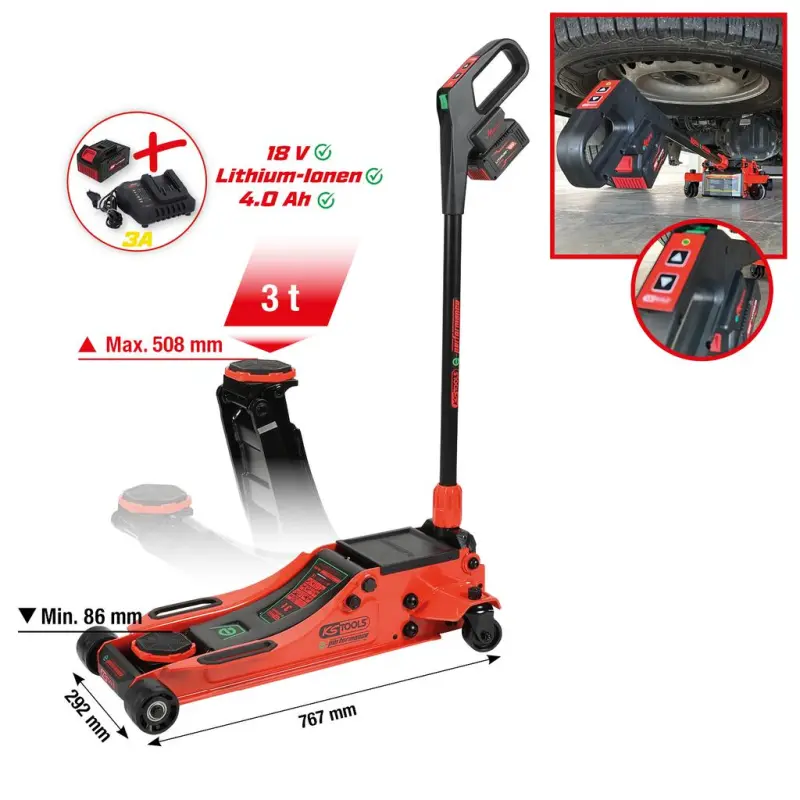 e-performance hydraulic battery car jack, max 3 t, height 508 mm