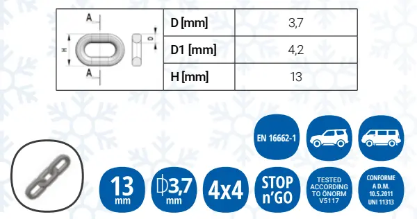 snow chains off-road cars with blood, o-norm certificate 235/65-19; 235/75-17; 235/85-16; 245/50-20; 245/55-19; 255/55-19; 255/60-18; 255/75-16; 265/35-22; 265/40-21; 265/45-20; 265/50-19; 265/55-18; 265/